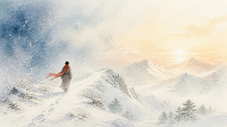 披红围巾的旅人迎着风雪翻越白色山脊