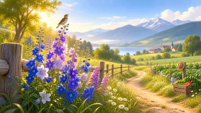 乡间花径旁蓝紫花朵盛开，小鸟停在木桩上