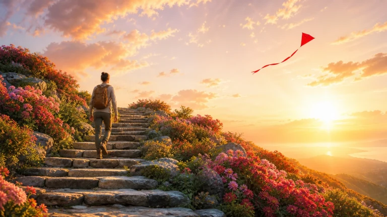 背包客沿繁花石阶走向夕阳，红风筝飞在前方