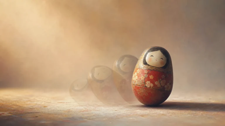 红色不倒翁向前倾倒后留下几道逐渐淡去的残影