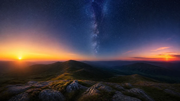 高山峰顶横跨夕阳与星空两种天色
