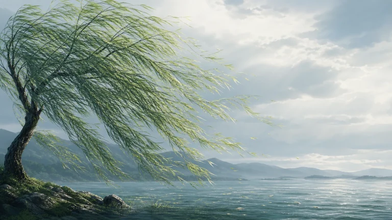 强风吹弯湖岸柳树，长枝朝水面同一方向飘动