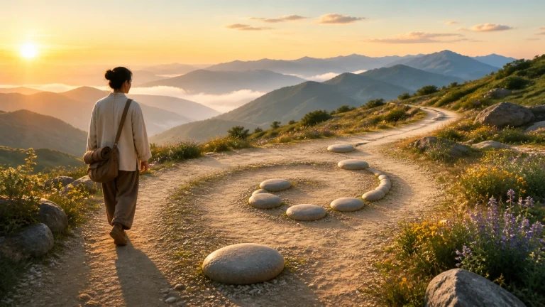 旅行者沿山顶螺旋石阵走向夕阳岔路