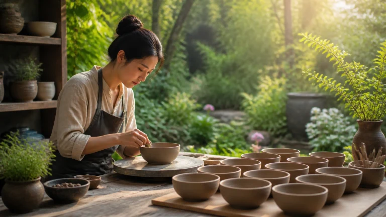 女陶艺师在花园工作台前为一排陶碗细致上釉