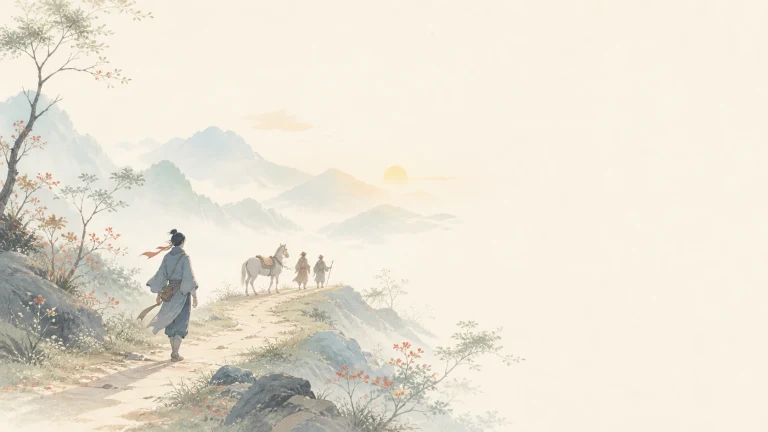 蓝衣旅人沿山路走向前方几名同行者和驮马