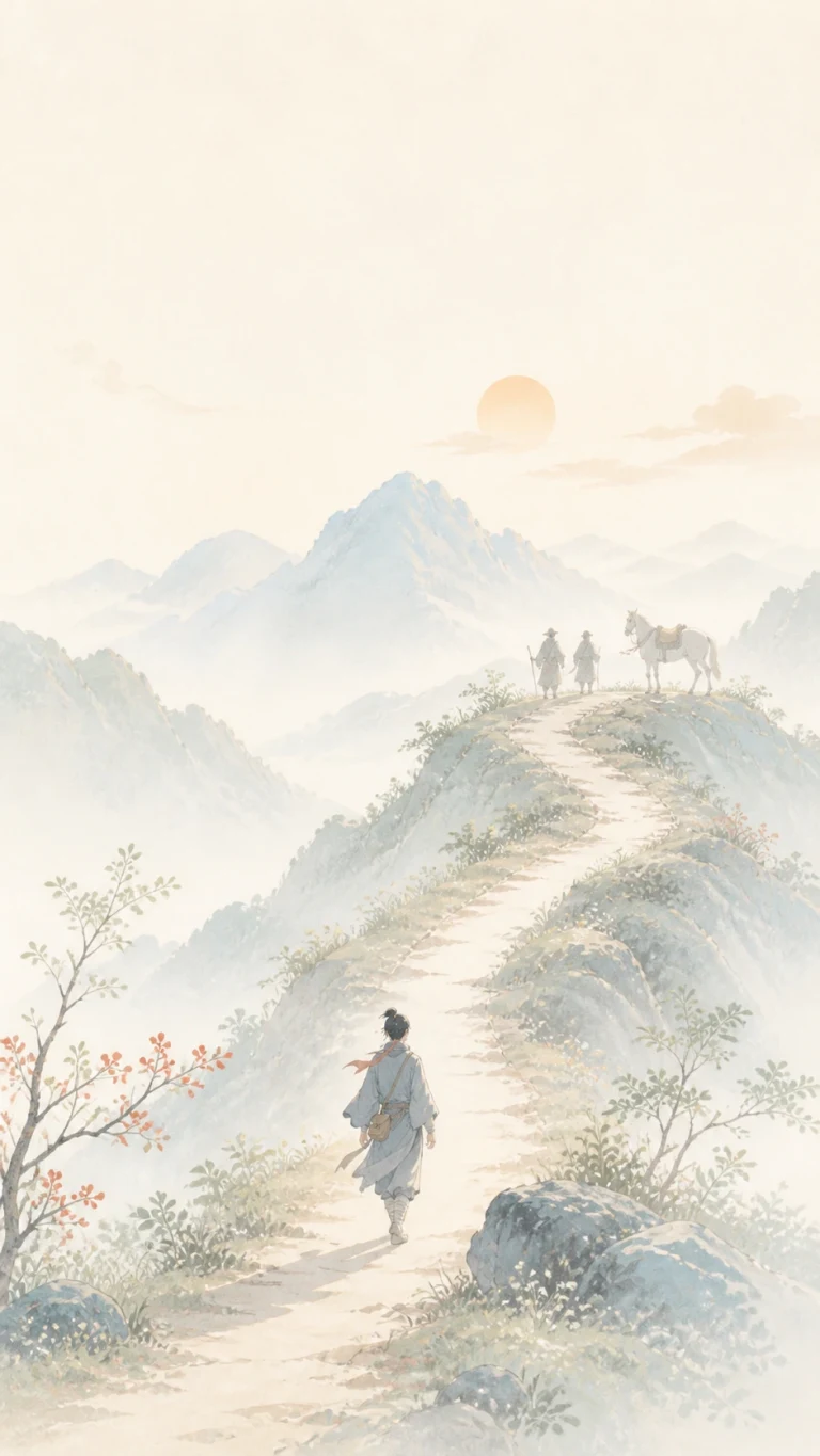 水彩群峰间行人逐步接近远处山脊队伍