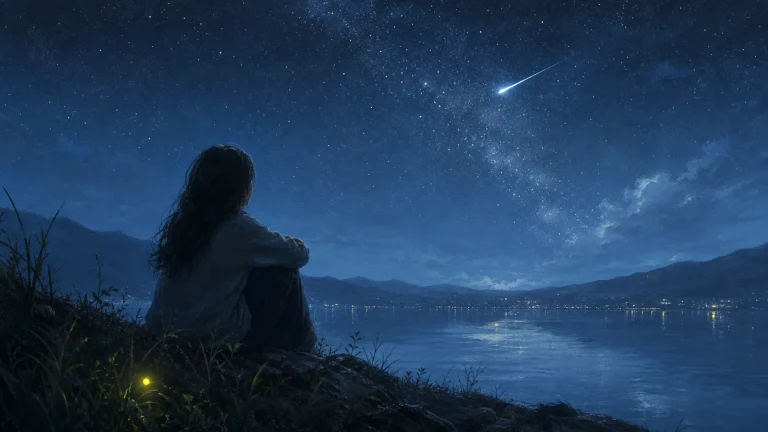夜晚湖岸女子仰望银河中划过的流星