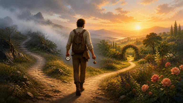 旅行者沿山谷岔路走向右侧花园拱门与夕阳