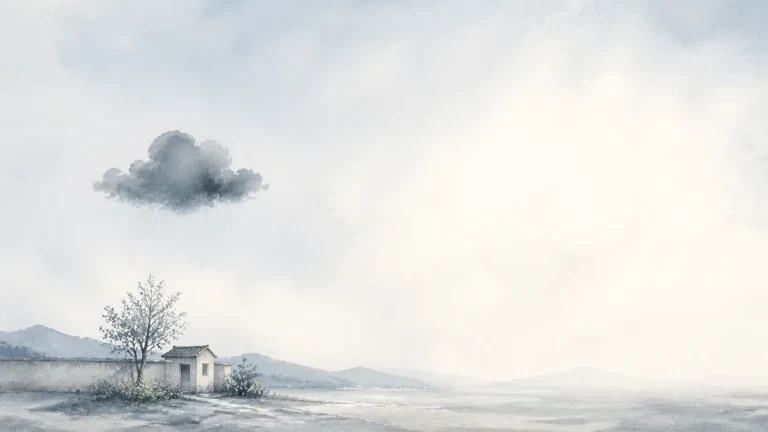 荒凉雪原小屋上方悬着一团孤独灰云