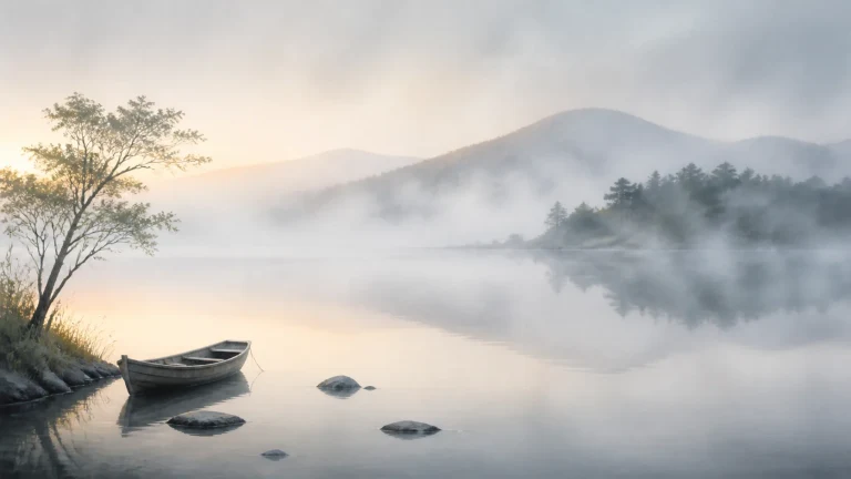 晨雾湖岸一艘空木船停在树影与圆石旁
