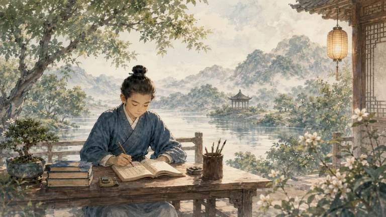 古装男子坐在花木庭院书桌前专心阅读