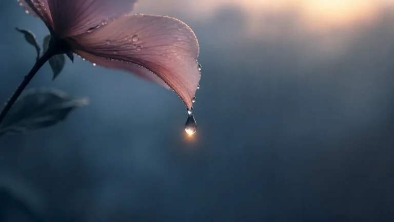粉色花瓣尖端悬着一滴映亮晨光的露水