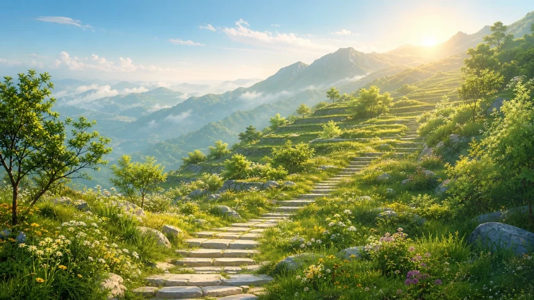 阳光高山草甸中石阶沿花坡通向远峰