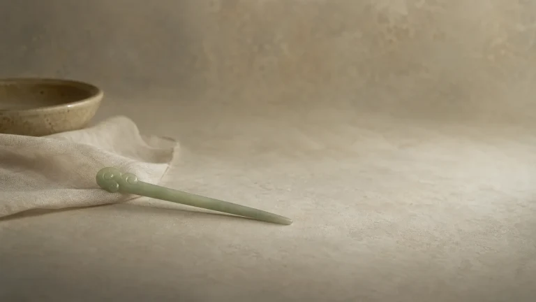 浅绿色玉簪平放在白色织物和陶碟旁