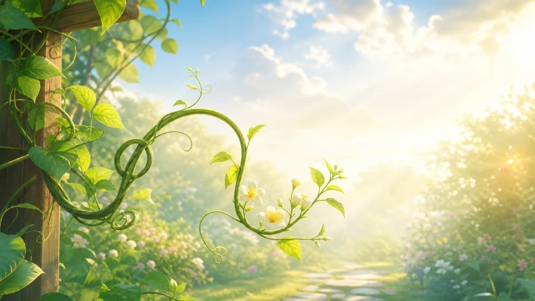 花园门柱旁藤蔓弯成多个卷曲圆环