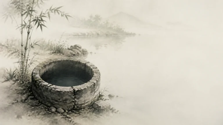 水墨竹林旁一口圆形石井静立在薄雾中