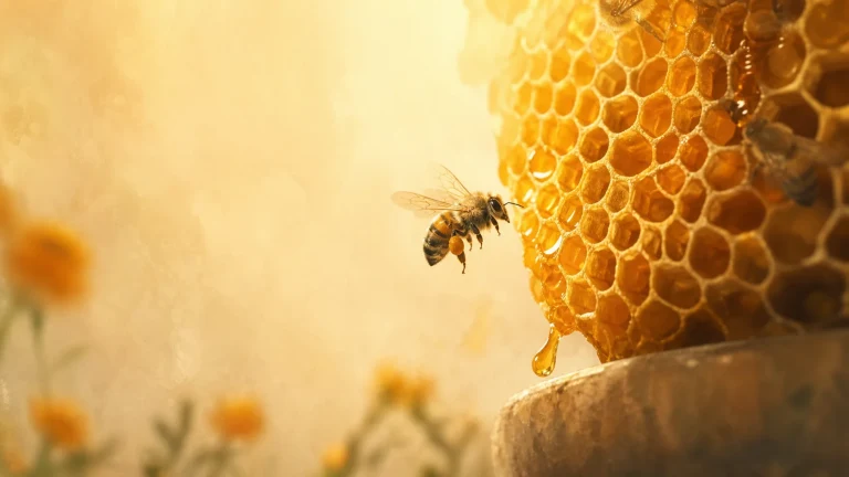 蜜蜂飞向金色蜂巢，边缘蜂蜜正向下滴落