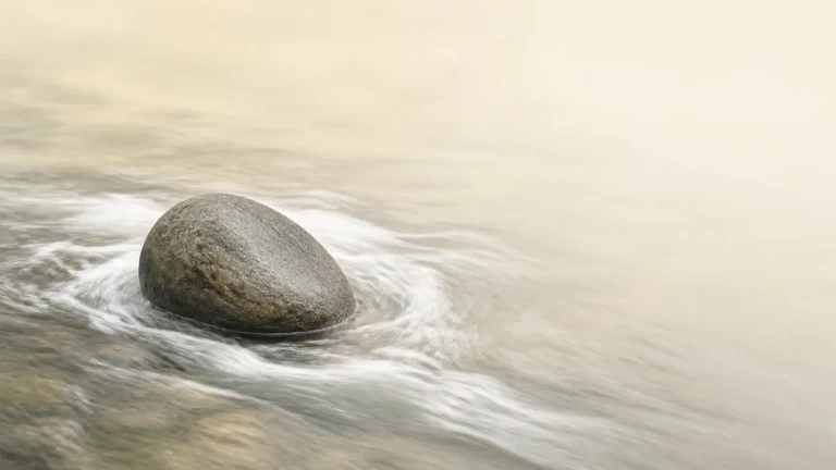 溪水绕过一块圆润灰石形成白色水纹