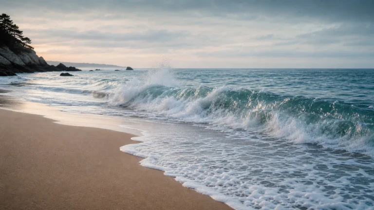 海浪涌上空旷沙滩形成白色泡沫边缘