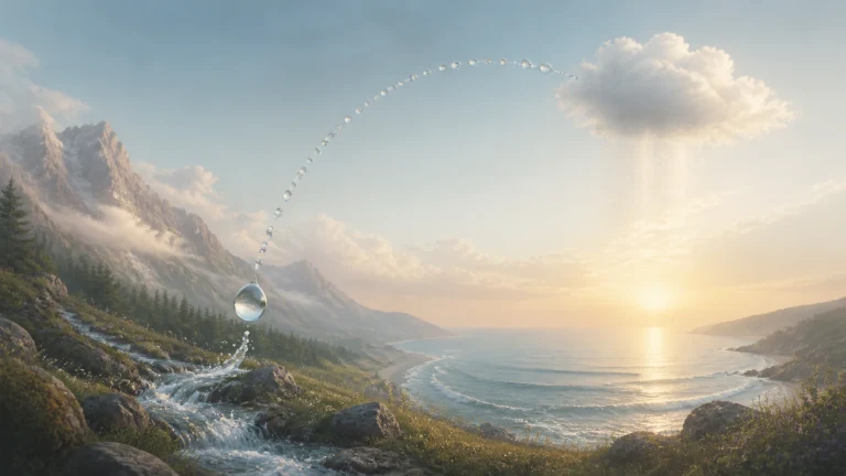 山溪水滴沿弧线升向云朵并落回日出海湾