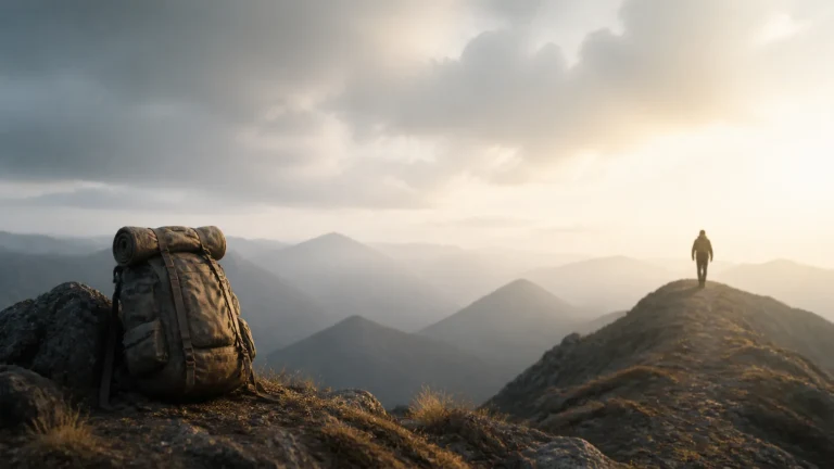 登山包留在山脊近处，一名旅人独自走向远峰