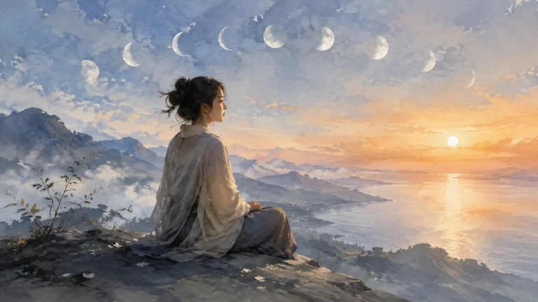 女子静坐云海山顶观看天空排列的月相变化