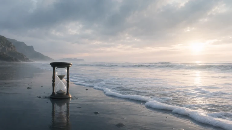 海边潮湿沙滩上一只沙漏临近涌来的海浪