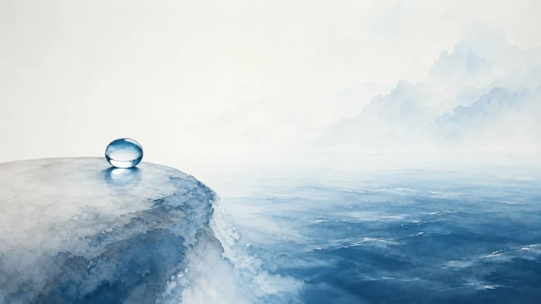 冰雪边缘一颗透明水珠停在蓝白崖面顶端