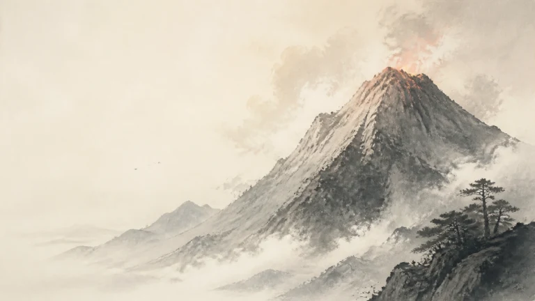 水墨群山中火山顶端冒烟并泛出红色熔岩