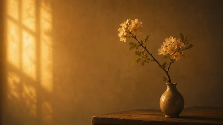 夕阳般暖光照在桌上的花瓶与花枝上