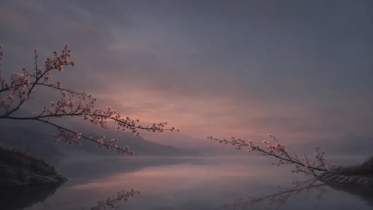 暮色湖面上伸展着两岸的粉色花枝