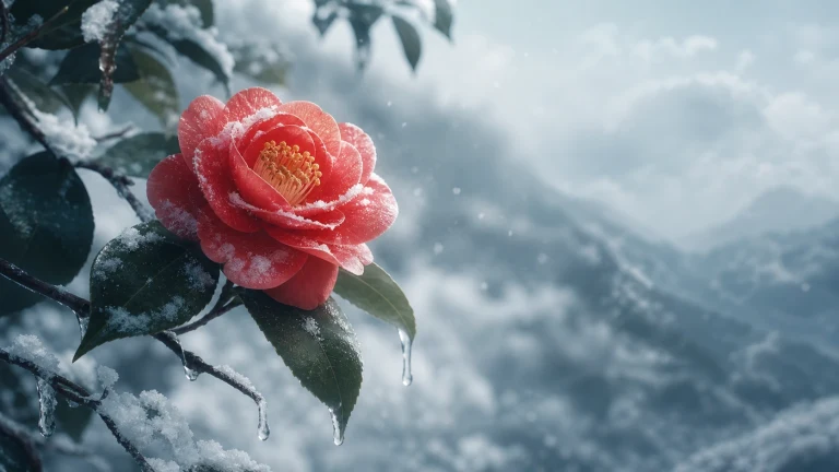 冰雪覆盖的枝头盛开着一朵红色山茶花