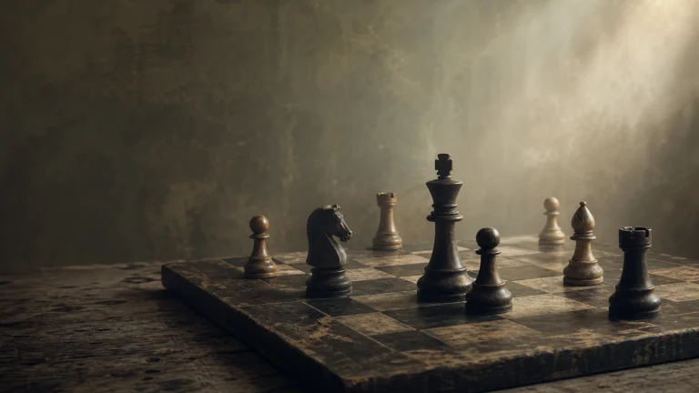 光束照亮旧棋盘上正在对弈的棋子