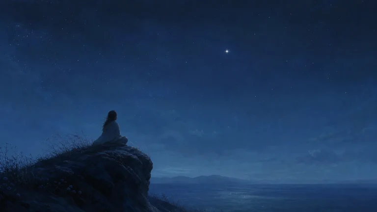 一人坐在海边悬崖上仰望深蓝星空
