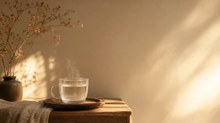 午后阳光照着木桌上一杯冒热气的清茶