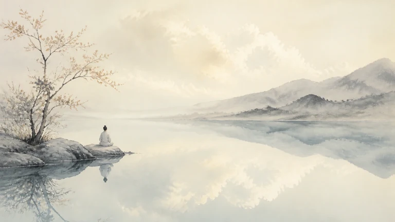 水墨湖畔一人静坐在树下眺望远山