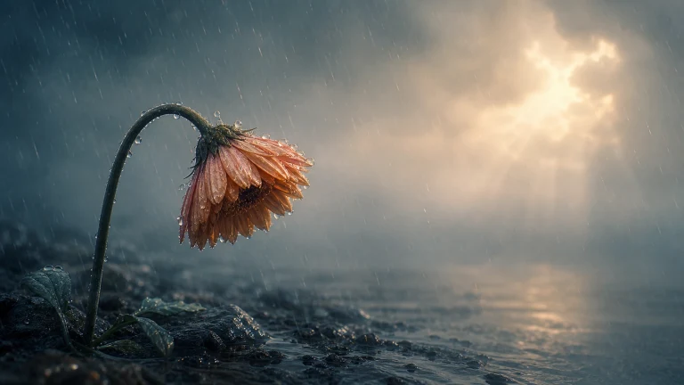 暴雨中低垂的花朵迎着云隙阳光