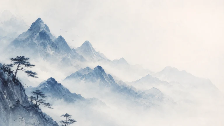 淡墨云雾中层叠起伏的青色群山