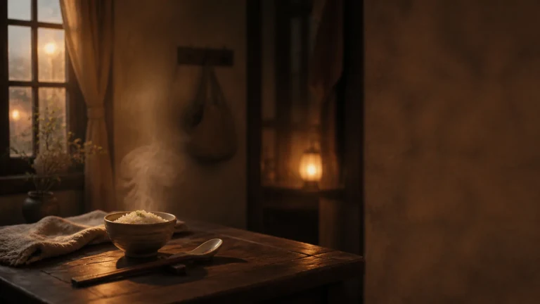 昏暗暖灯下木桌上一碗冒热气的米饭