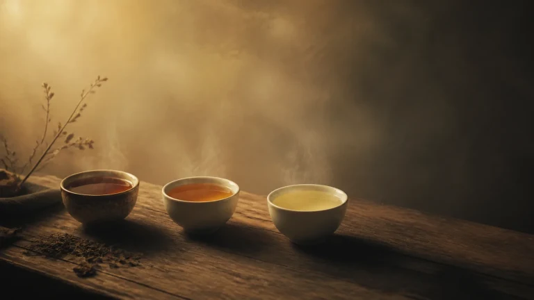 暖光木桌上并排摆着三杯不同颜色的茶