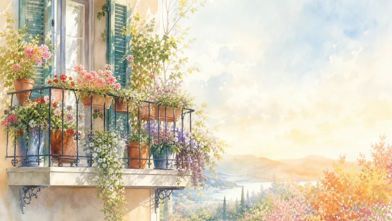 水彩阳光中开满鲜花的湖景阳台