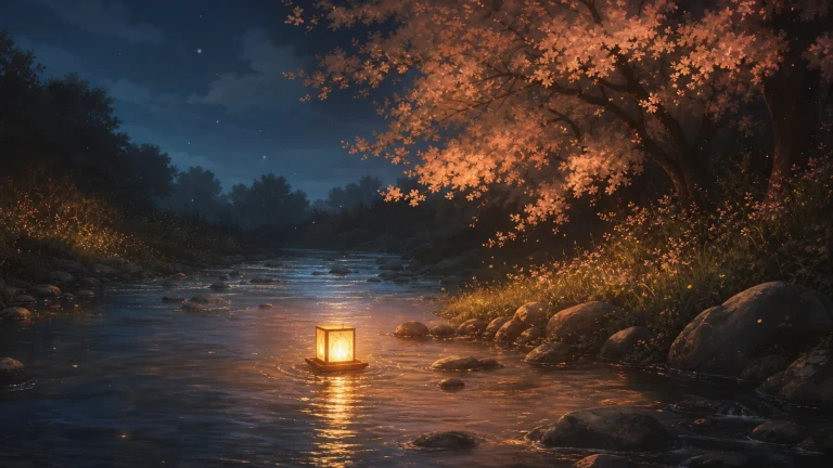 秋夜溪流上漂着一盏温暖的方形灯笼