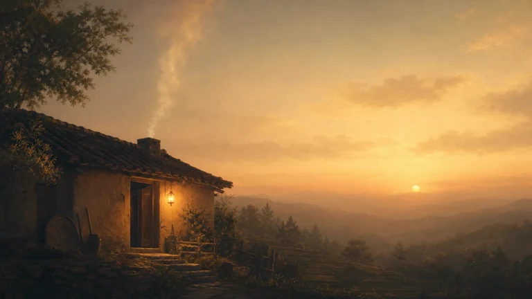 夕阳山野中亮起灯光的安静小屋