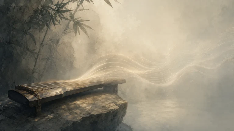 水墨竹林与薄雾中琴弦扬起流动的声波