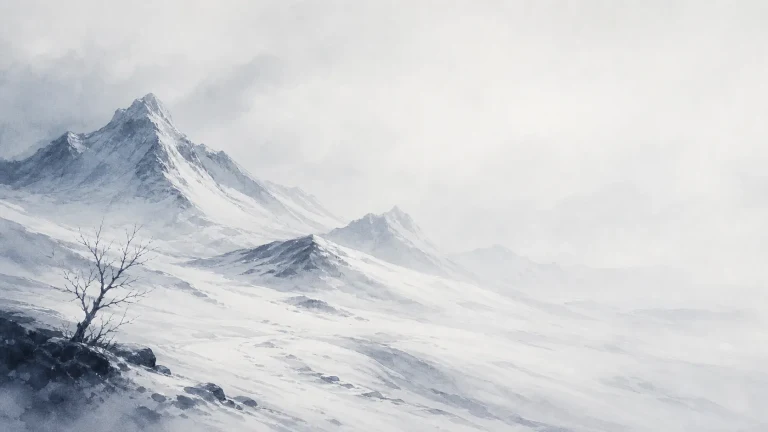 淡墨风雪中连绵的白色高山与枯树