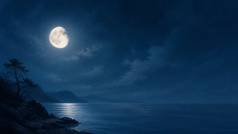 满月照亮深蓝夜色中的海岸与远山