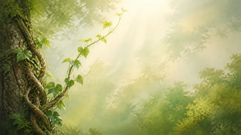 森林阳光照亮缠绕树干向上生长的藤蔓