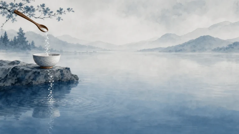 水墨湖山前木勺将清水倒入石碗