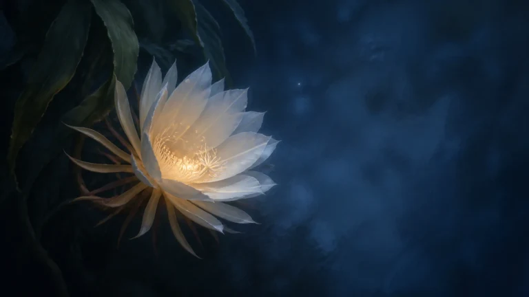 深蓝夜色中静静盛开的白色昙花