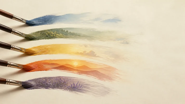 五支画笔用不同颜色描绘出四季风景